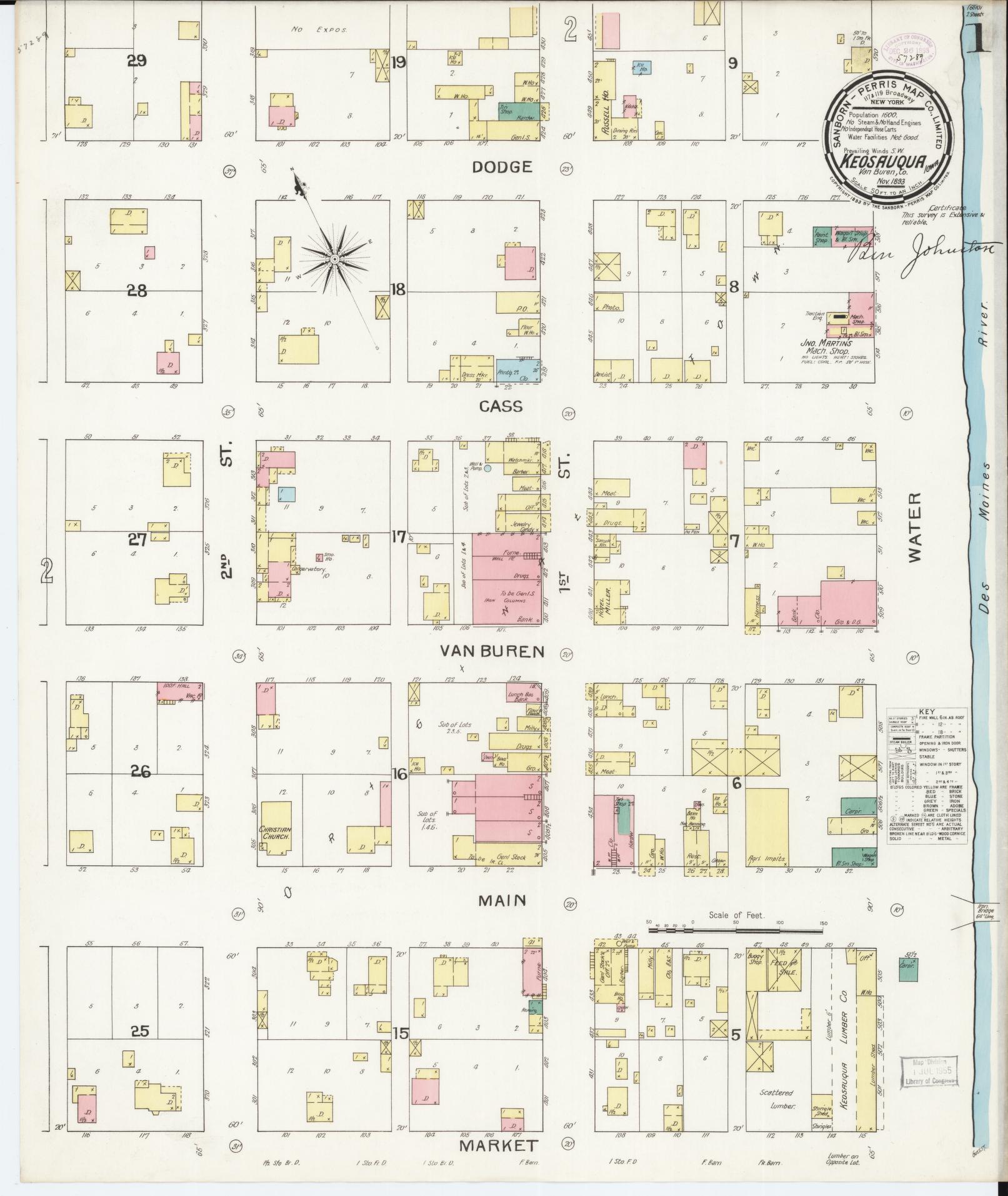 Sanborn Fire Insurance Map from Keosauqua, Van Buren County, Iowa (1893), Sheet #0001 - Historic Sanborn Fire Insurance Map Print, vintage old map wall art