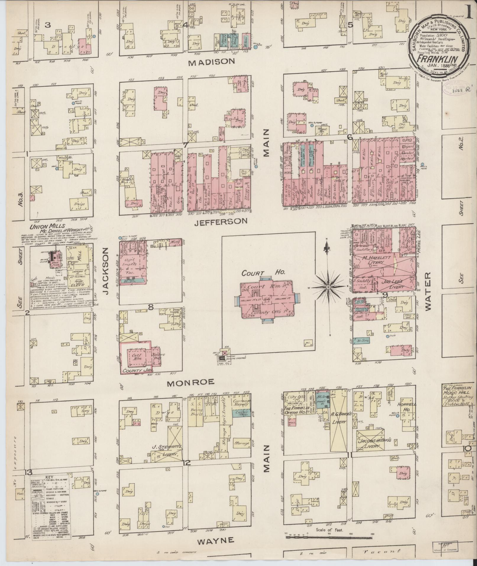 Sanborn Fire Insurance Map from Franklin, Johnson County, Indiana (1886), Sheet #0001 - Historic Sanborn Fire Insurance Map Print, vintage old map wall art, antique decor, genealogy gift, Indiana Indiana map