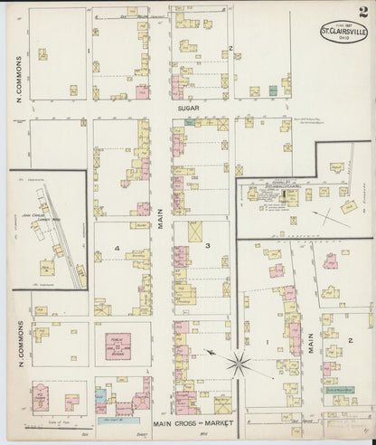 Sanborn Fire Insurance Map from Saint Clairsville, Belmont County, Ohio (1887), Sheet #0002 - Historic Sanborn Fire Insurance Map Print, vintage old map wall art, antique decor, genealogy gift, Ohio Ohio map