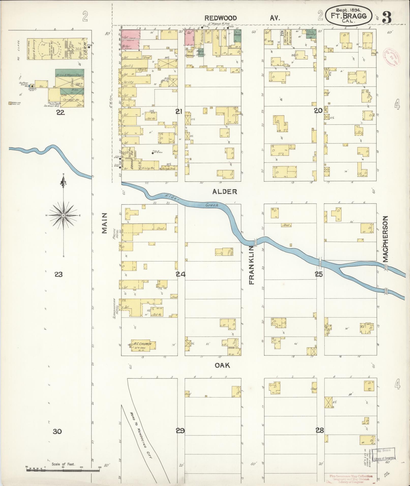 Sanborn Fire Insurance Map from Fort Bragg, Mendocino County, California (1894), Sheet #0003 - Historic Sanborn Fire Insurance Map Print, vintage old map wall art, antique decor, genealogy gift, California California map
