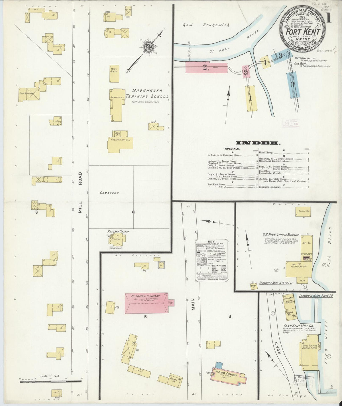 Sanborn Fire Insurance Map from Fort Kent, Aroostook County, Maine (1912), Sheet #0001 - Historic Sanborn Fire Insurance Map Print, vintage old map wall art, antique decor, genealogy gift, Maine Maine map