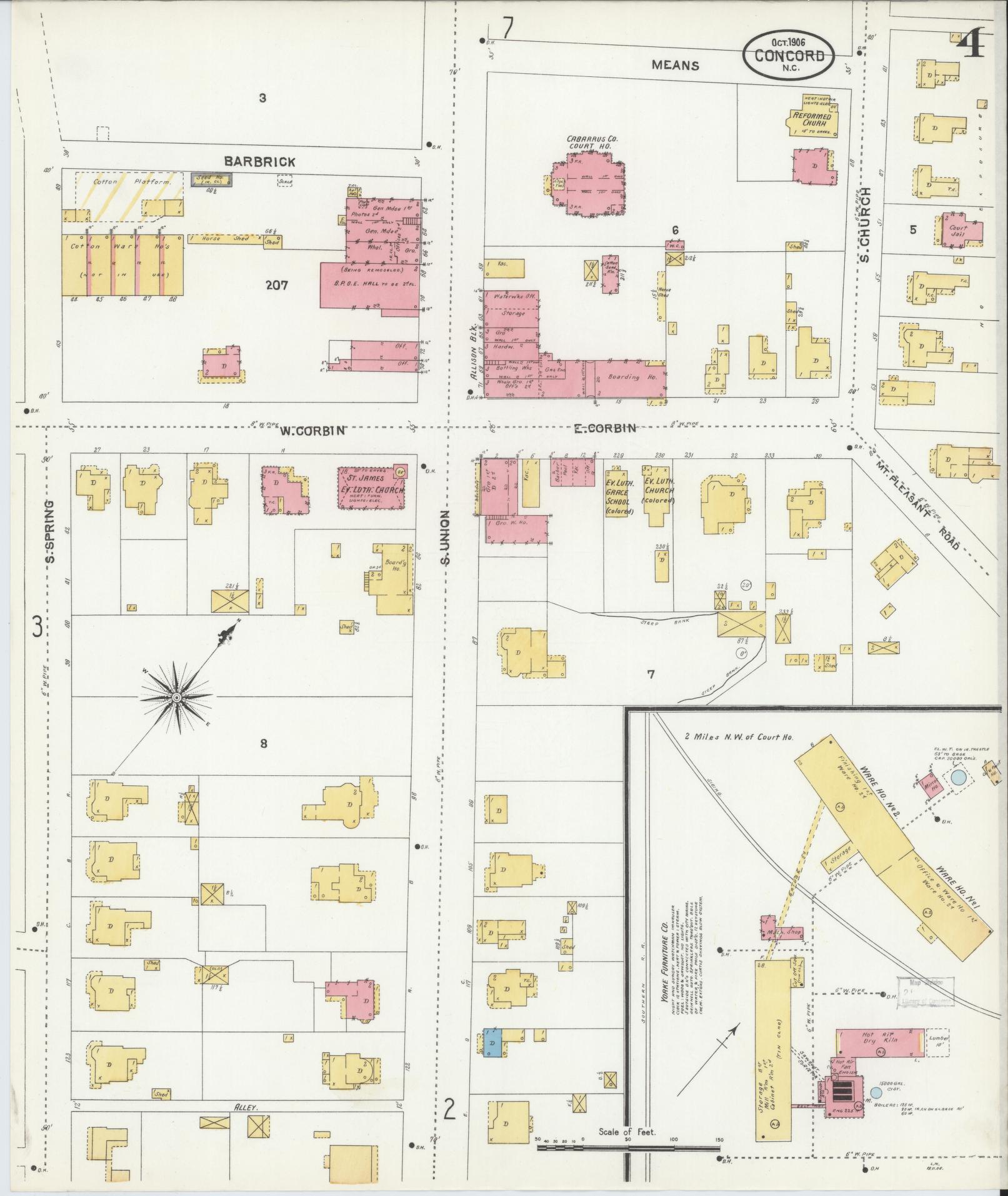 Sanborn Fire Insurance Map from Concord, Cabarrus County, North Carolina (1906), Sheet #0004 - Historic Sanborn Fire Insurance Map Print, vintage old map wall art, antique decor, genealogy gift, North Carolina North Carolina map
