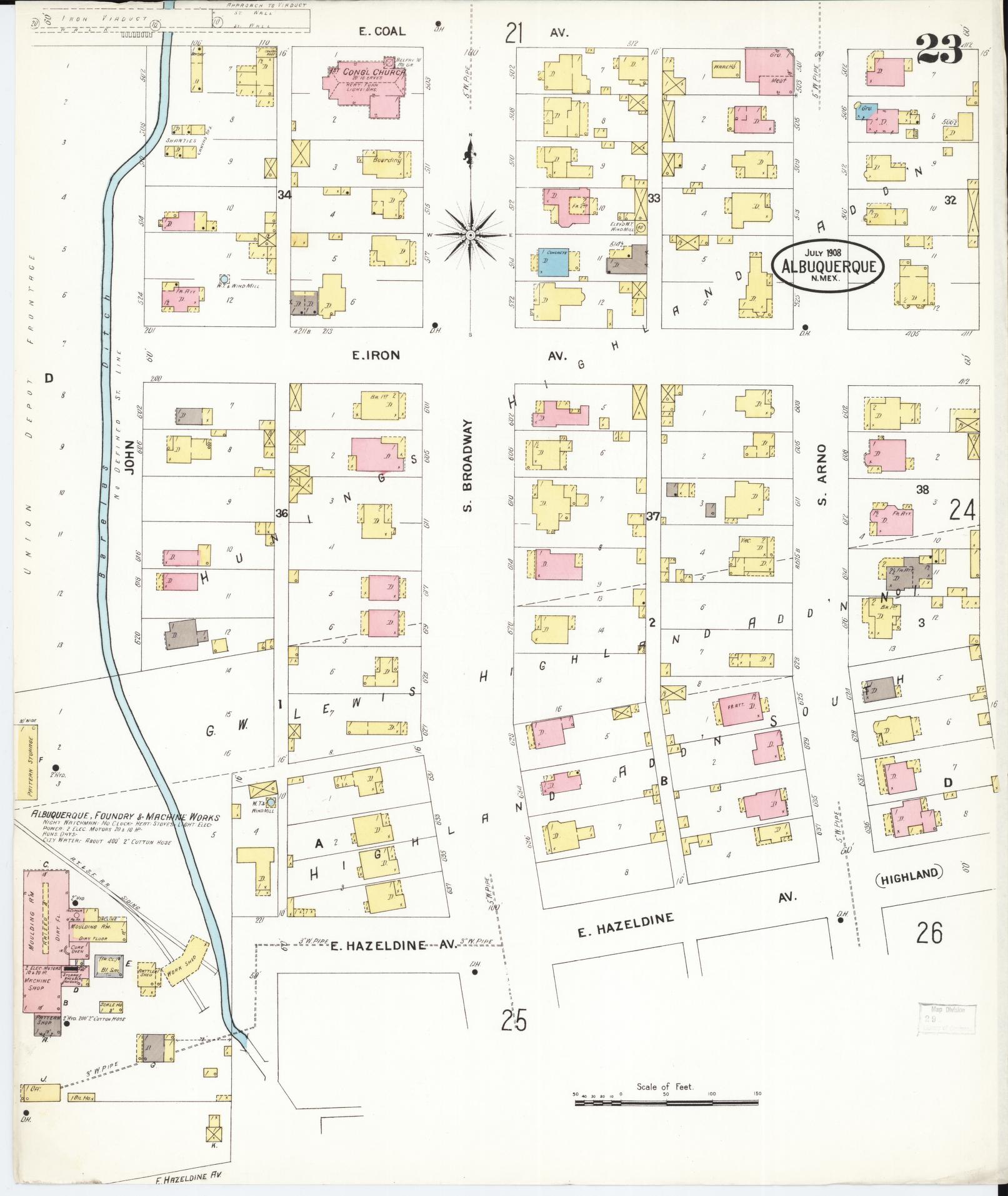 Sanborn Fire Insurance Map from Albuquerque, Bernalillo County, New Mexico (1908), Sheet #0023 - Historic Sanborn Fire Insurance Map Print, vintage old map wall art, antique decor, genealogy gift, New Mexico New Mexico map