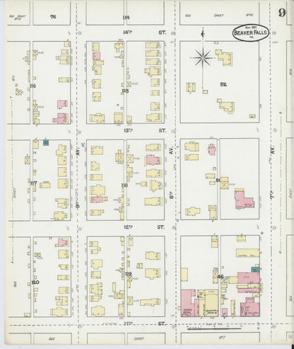 Sanborn Fire Insurance Map from Beaver Falls, Beaver County, Pennsylvania (1891), Sheet #0009 - Complete Map Set gallery image, historic Sanborn map, vintage wall art, Pennsylvania Pennsylvania
