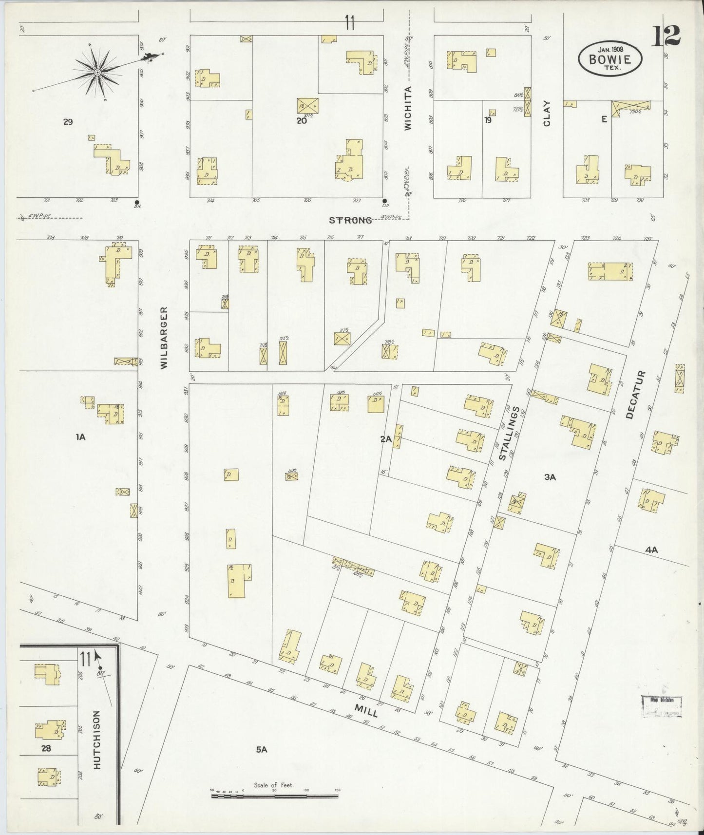 Sanborn Fire Insurance Map from Bowie, Montague County, Texas (1908), Sheet #0012 - Historic Sanborn Fire Insurance Map Print, vintage old map wall art, antique decor, genealogy gift, Texas Texas map