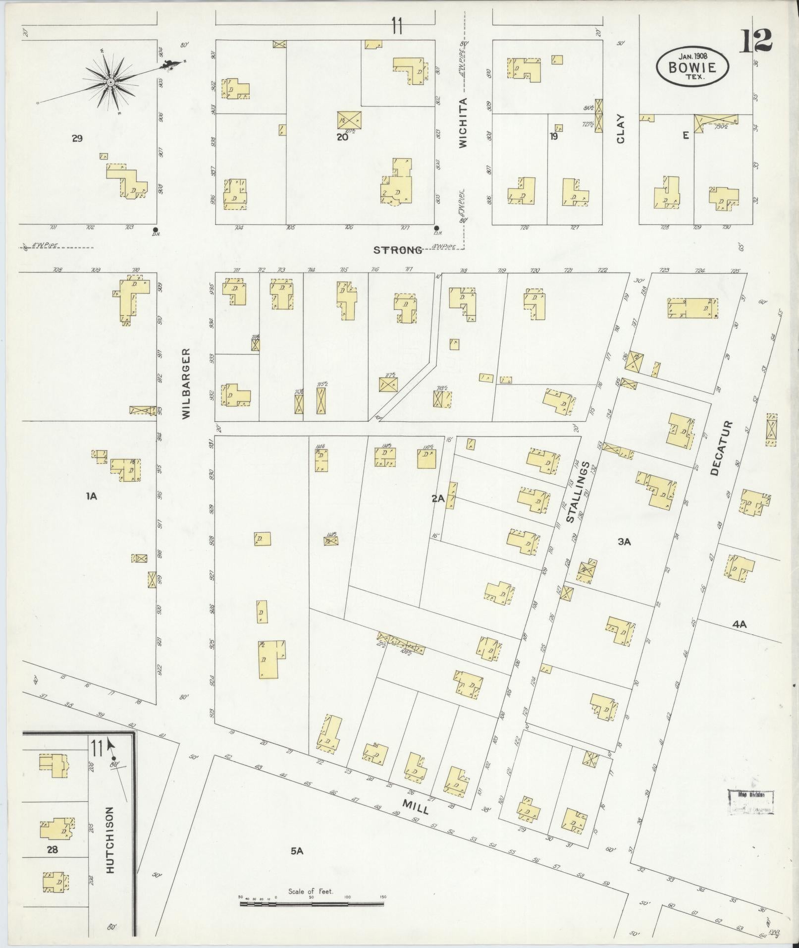 Sanborn Fire Insurance Map from Bowie, Montague County, Texas (1908), Sheet #0012 - Historic Sanborn Fire Insurance Map Print, vintage old map wall art, antique decor, genealogy gift, Texas Texas map