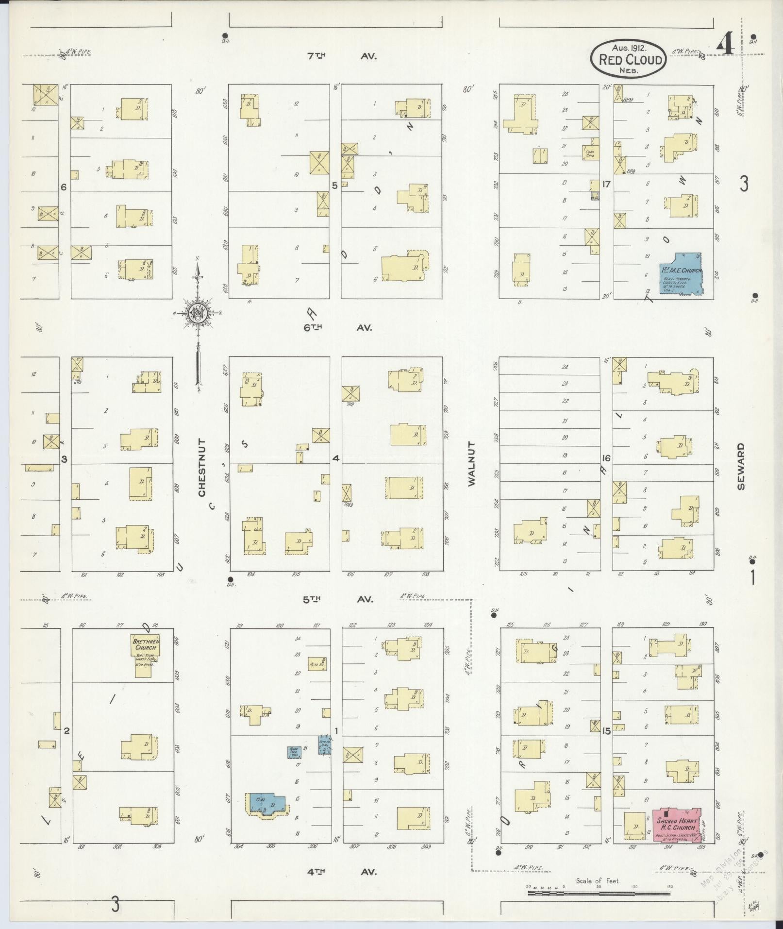 Sanborn Fire Insurance Map from Red Cloud, Webster County, Nebraska (1912), Sheet #0004 - Historic Sanborn Fire Insurance Map Print, vintage old map wall art, antique decor, genealogy gift, Nebraska Nebraska map