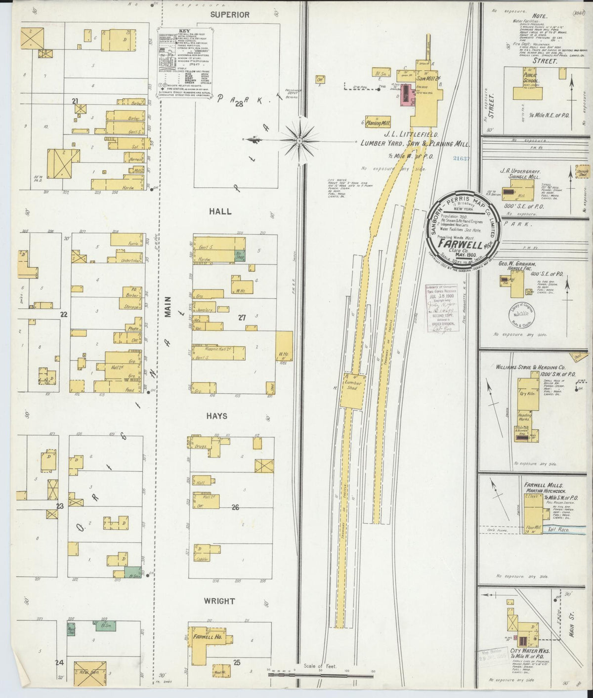 Sanborn Fire Insurance Map from Farwell, Clare County, Michigan (1900), Sheet #0001 - Historic Sanborn Fire Insurance Map Print, vintage old map wall art, antique decor, genealogy gift, Michigan Michigan map