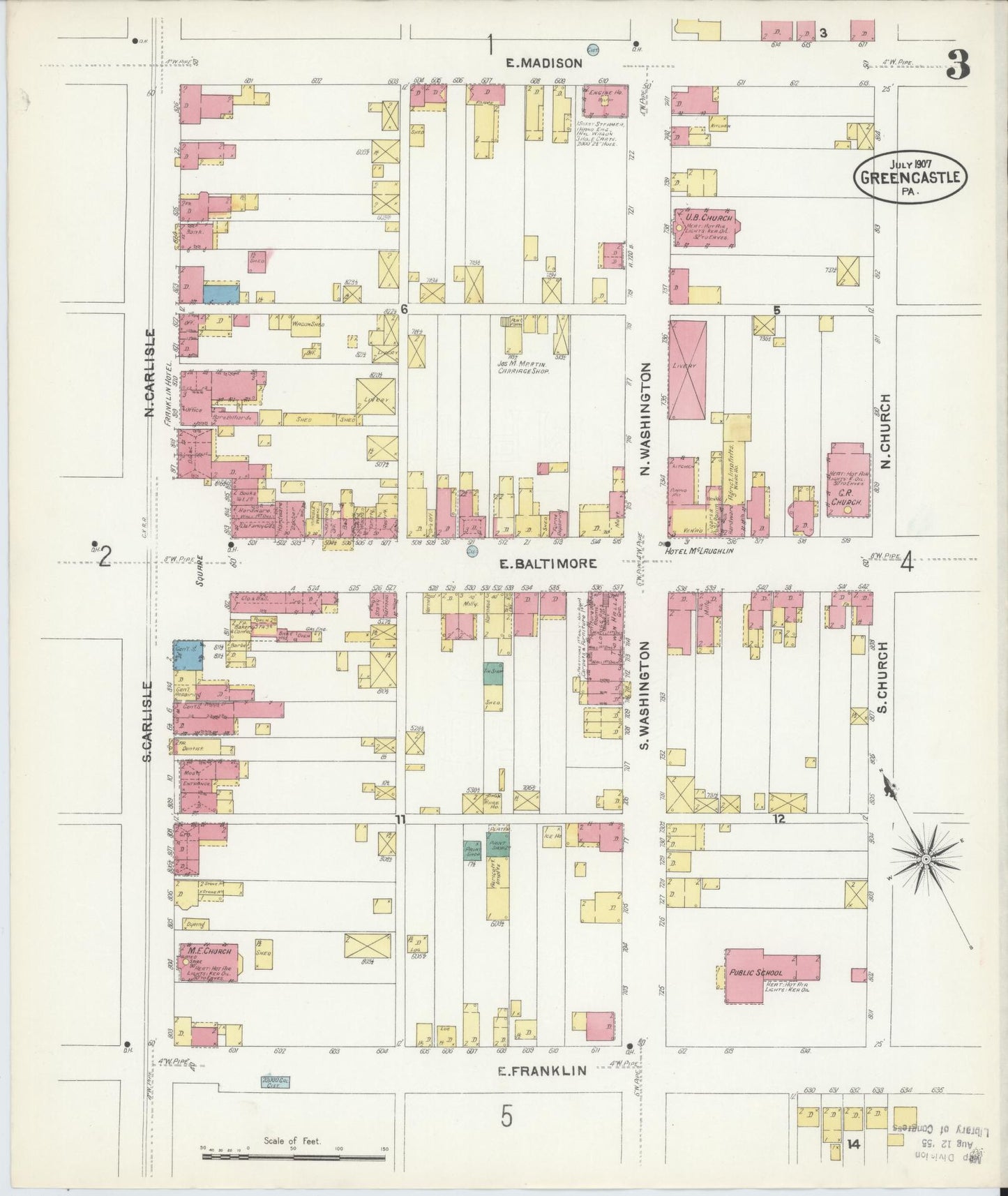 Sanborn Fire Insurance Map from Greencastle, Franklin County, Pennsylvania (1907), Sheet #0003 - Historic Sanborn Fire Insurance Map Print, vintage old map wall art, antique decor, genealogy gift, Pennsylvania Pennsylvania map