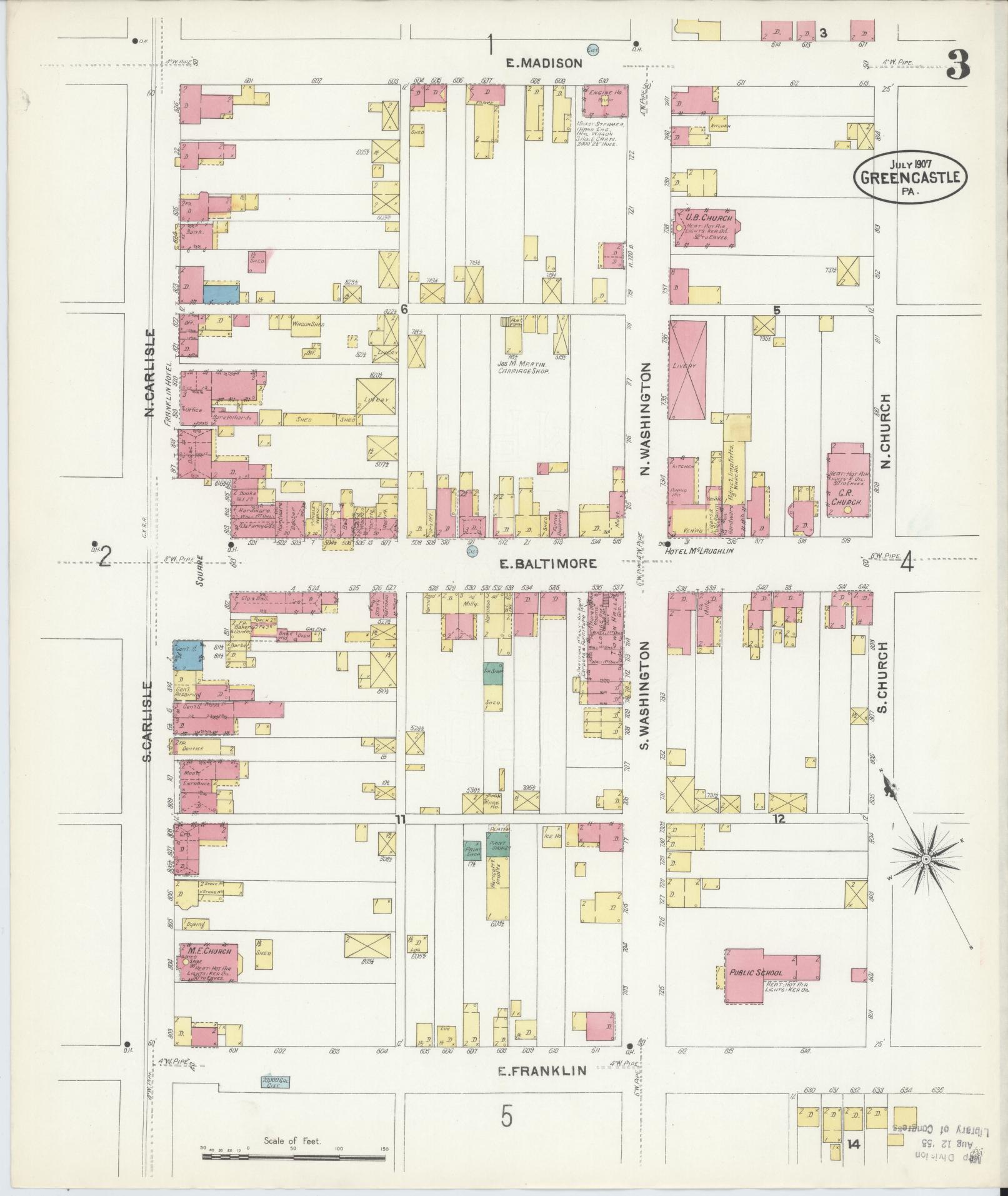 Sanborn Fire Insurance Map from Greencastle, Franklin County, Pennsylvania (1907), Sheet #0003 - Historic Sanborn Fire Insurance Map Print, vintage old map wall art, antique decor, genealogy gift, Pennsylvania Pennsylvania map