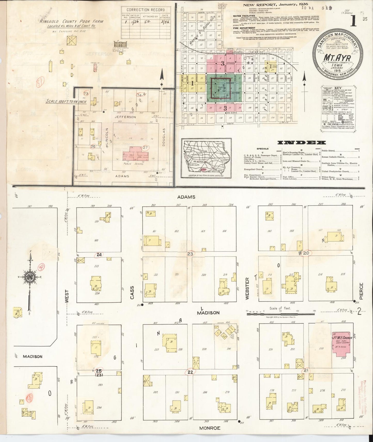 Sanborn Fire Insurance Map from Mount Ayr, Ringgold County, Iowa (1936), Sheet #0001 - Historic Sanborn Fire Insurance Map Print