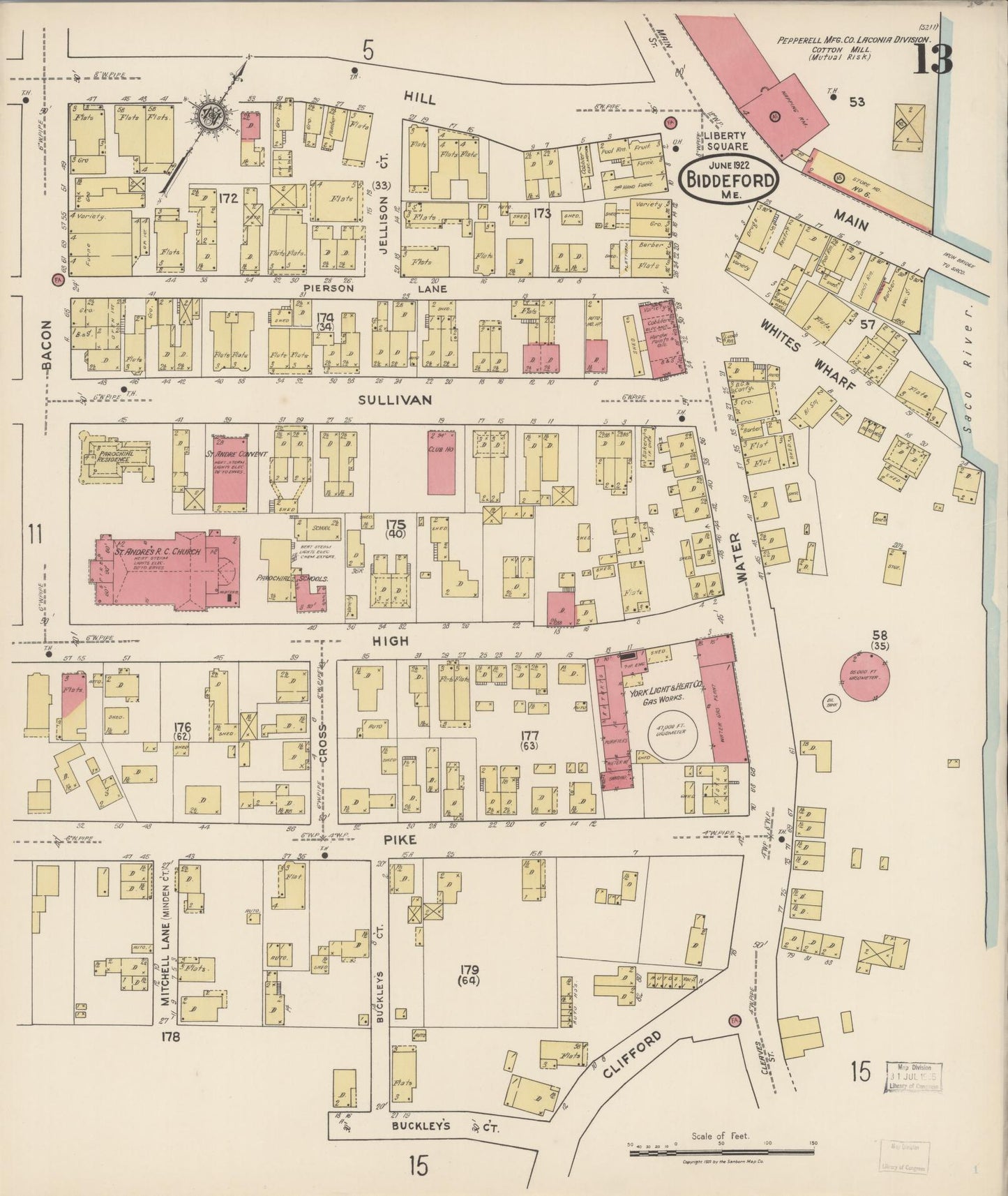 Sanborn Fire Insurance Map from Biddeford, York County, Maine (1922), Sheet #0013 - Complete Map Set gallery image, historic Sanborn map, vintage wall art, Maine Maine