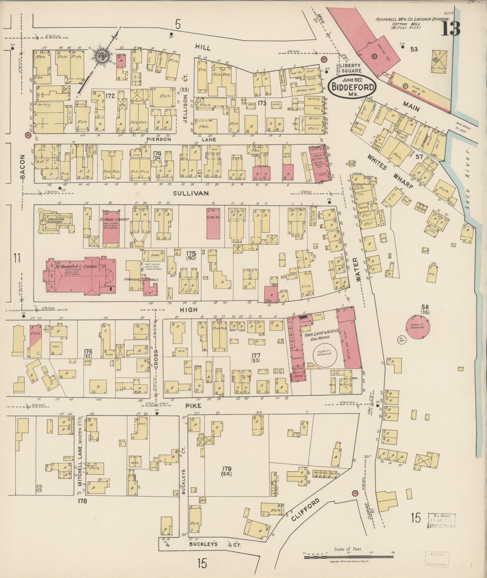Sanborn Fire Insurance Map from Biddeford, York County, Maine (1922), Sheet #0013 - Complete Map Set gallery image, historic Sanborn map, vintage wall art, Maine Maine