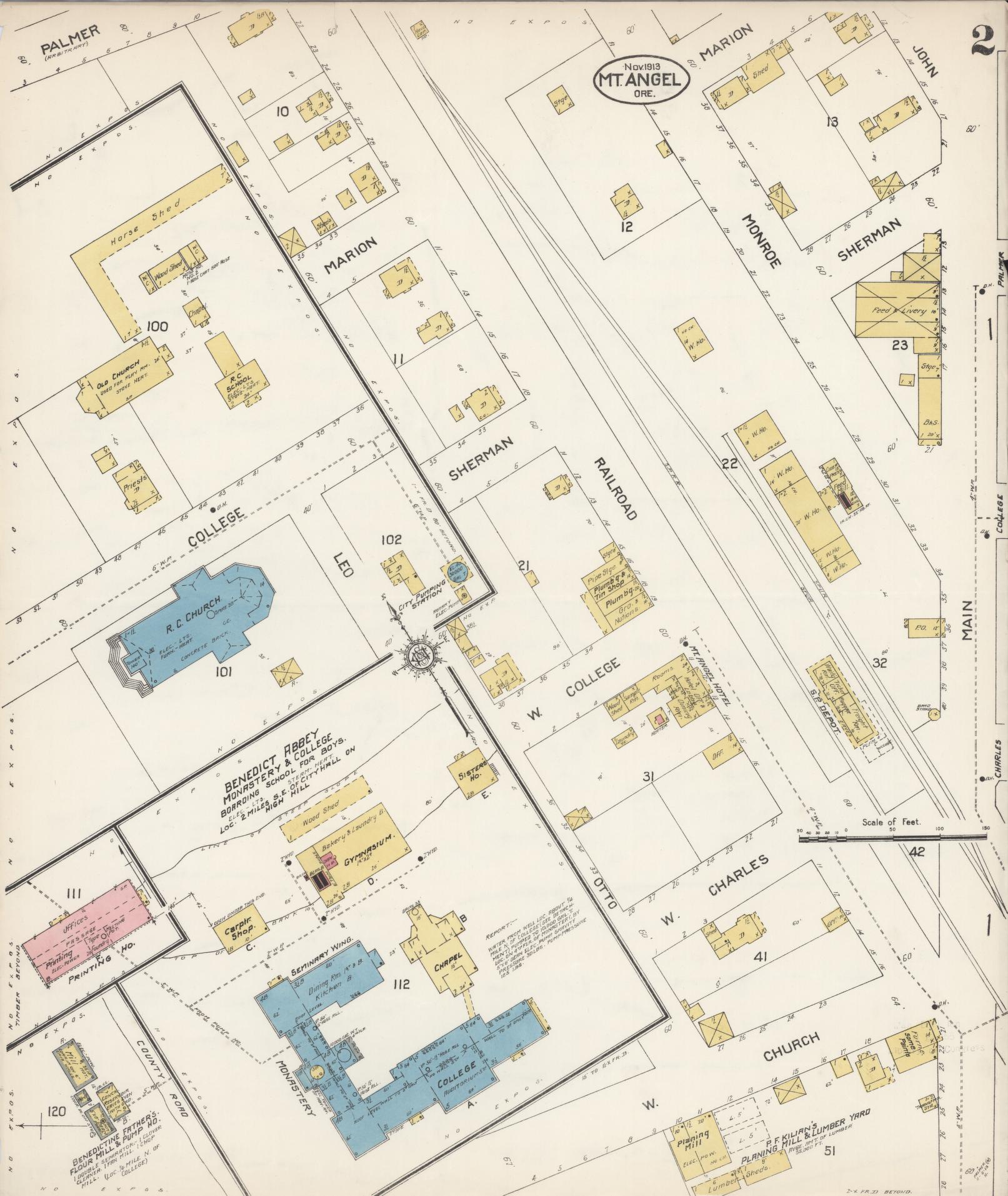 Sanborn Fire Insurance Map from Mount Angel, Marion County, Oregon (1913), Sheet #0002 - Complete Map Set gallery image, historic Sanborn map, vintage wall art, Oregon Oregon