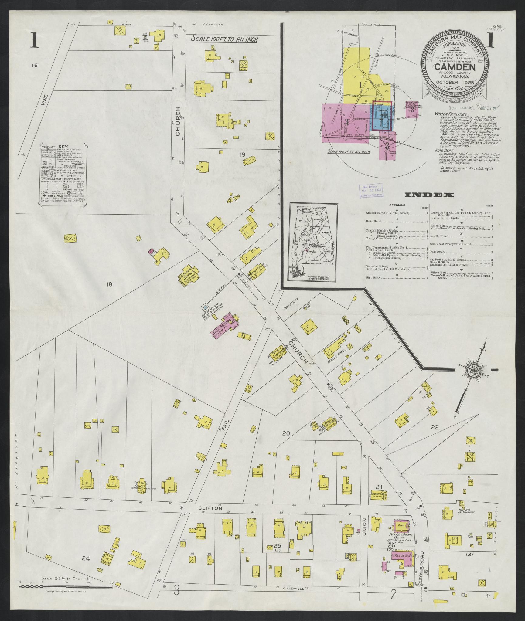 Sanborn Fire Insurance Map from Camden, Wilcox County, Alabama (1925), Sheet #0001 - Complete Map Set gallery image, historic Sanborn map, vintage wall art, Alabama Alabama