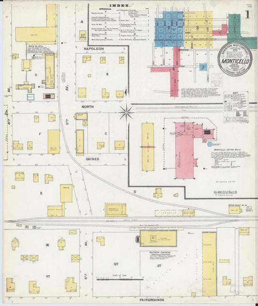 Sanborn Fire Insurance Map from Monticello, Drew County, Arkansas (1903), Sheet #0001 - Historic Sanborn Fire Insurance Map Print, vintage old map wall art, antique decor, genealogy gift, Arkansas Arkansas map