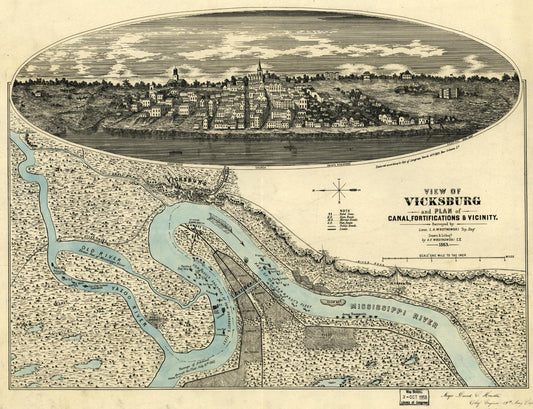View of Vicksburg and plan of the canal, fortifications & vicinity (1863) – Historic Bird’s-Eye View Panorama Print