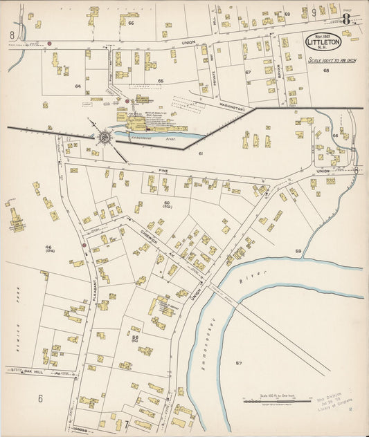 Sanborn Fire Insurance Map from Littleton, Grafton County, New Hampshire (1921), Sheet #0008 - Historic Sanborn Fire Insurance Map Print, vintage old map wall art, antique decor, genealogy gift, New Hampshire New Hampshire map