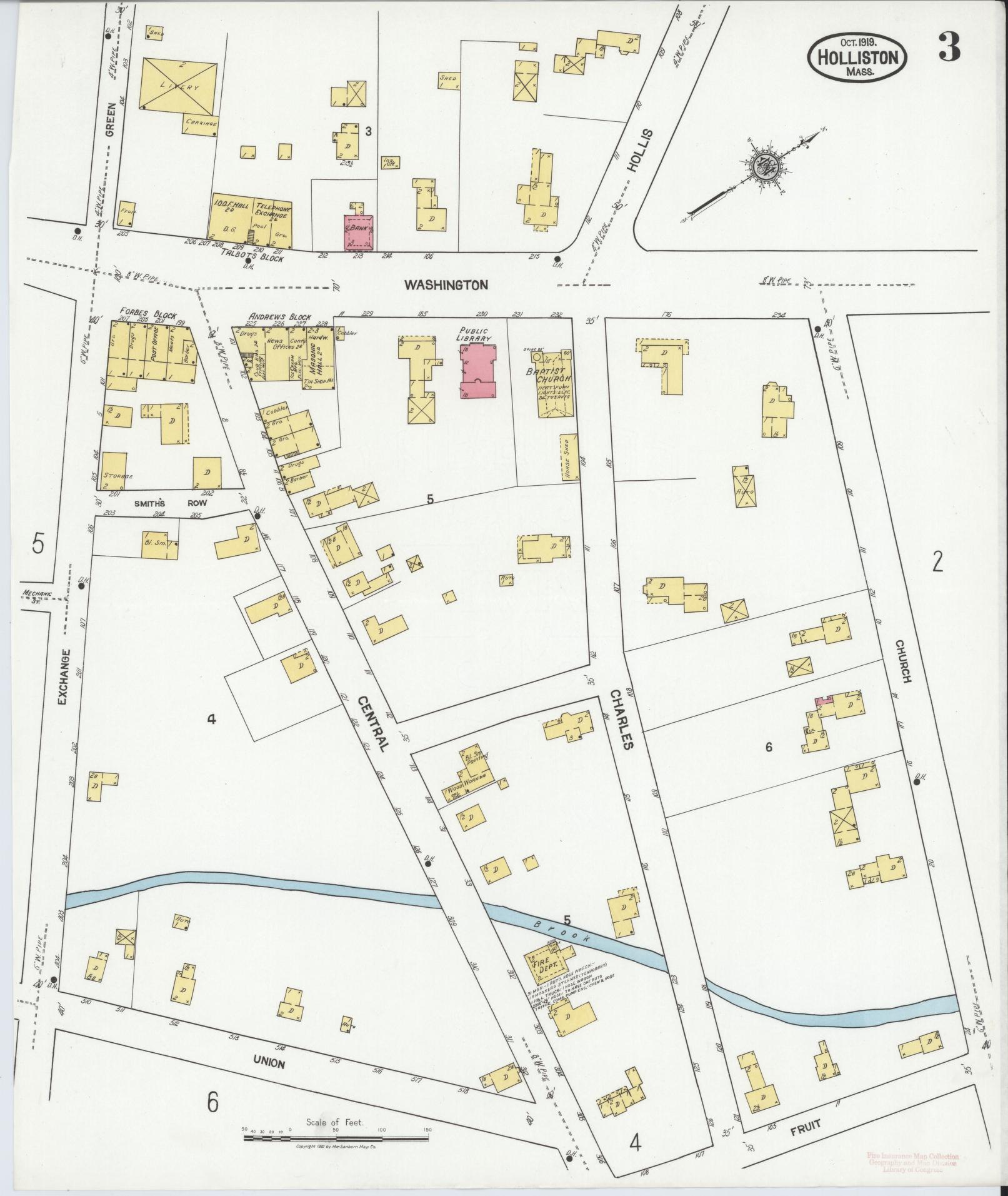 Sanborn Fire Insurance Map from Holliston, Middlesex County, Massachusetts (1919), Sheet #0003 - Historic Sanborn Fire Insurance Map Print, vintage old map wall art, antique decor, genealogy gift, Massachusetts Massachusetts map