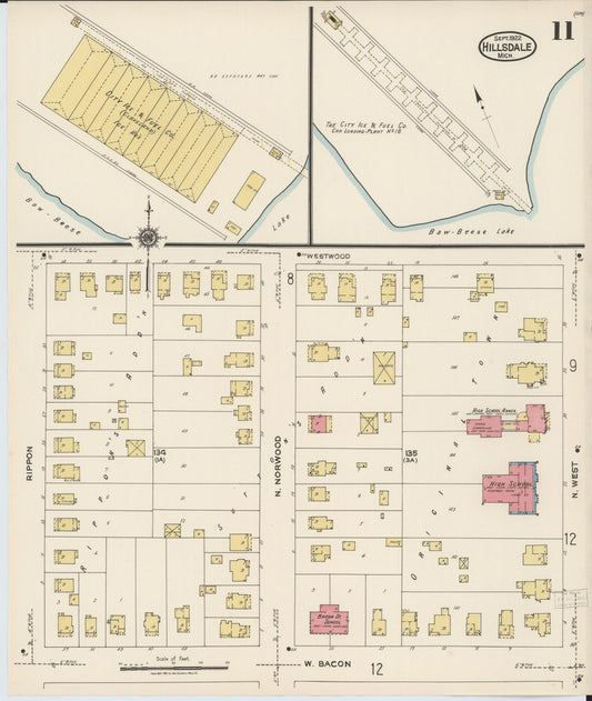 Sanborn Fire Insurance Map from Hillsdale, Hillsdale County, Michigan (1922), Sheet #0011 - Historic Sanborn Fire Insurance Map Print, vintage old map wall art, antique decor, genealogy gift, Michigan Michigan map