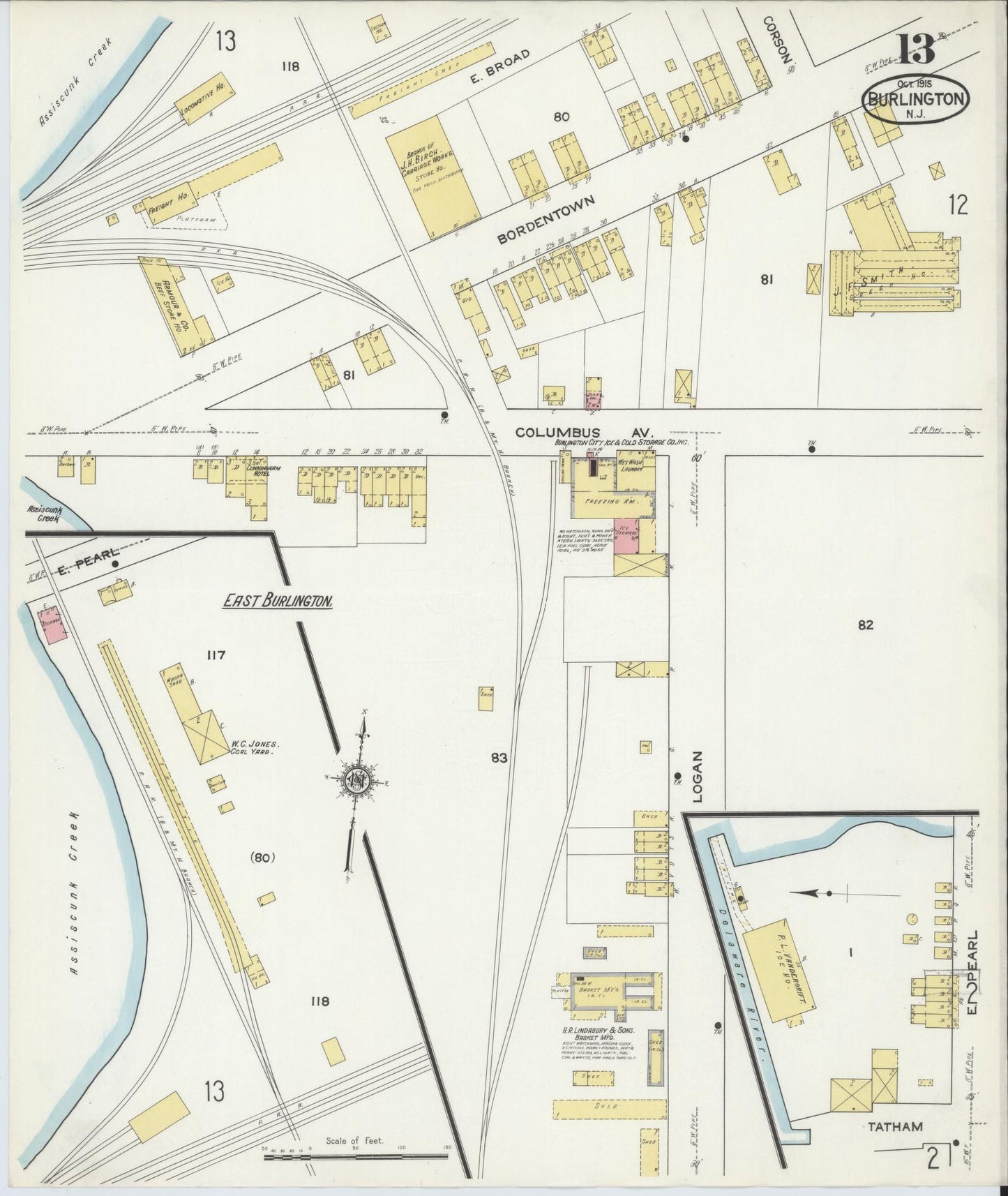 Sanborn Fire Insurance Map from Burlington, Burlington County, New Jersey (1915), Sheet #0013 - Historic Sanborn Fire Insurance Map Print, vintage old map wall art, antique decor, genealogy gift, New Jersey New Jersey map