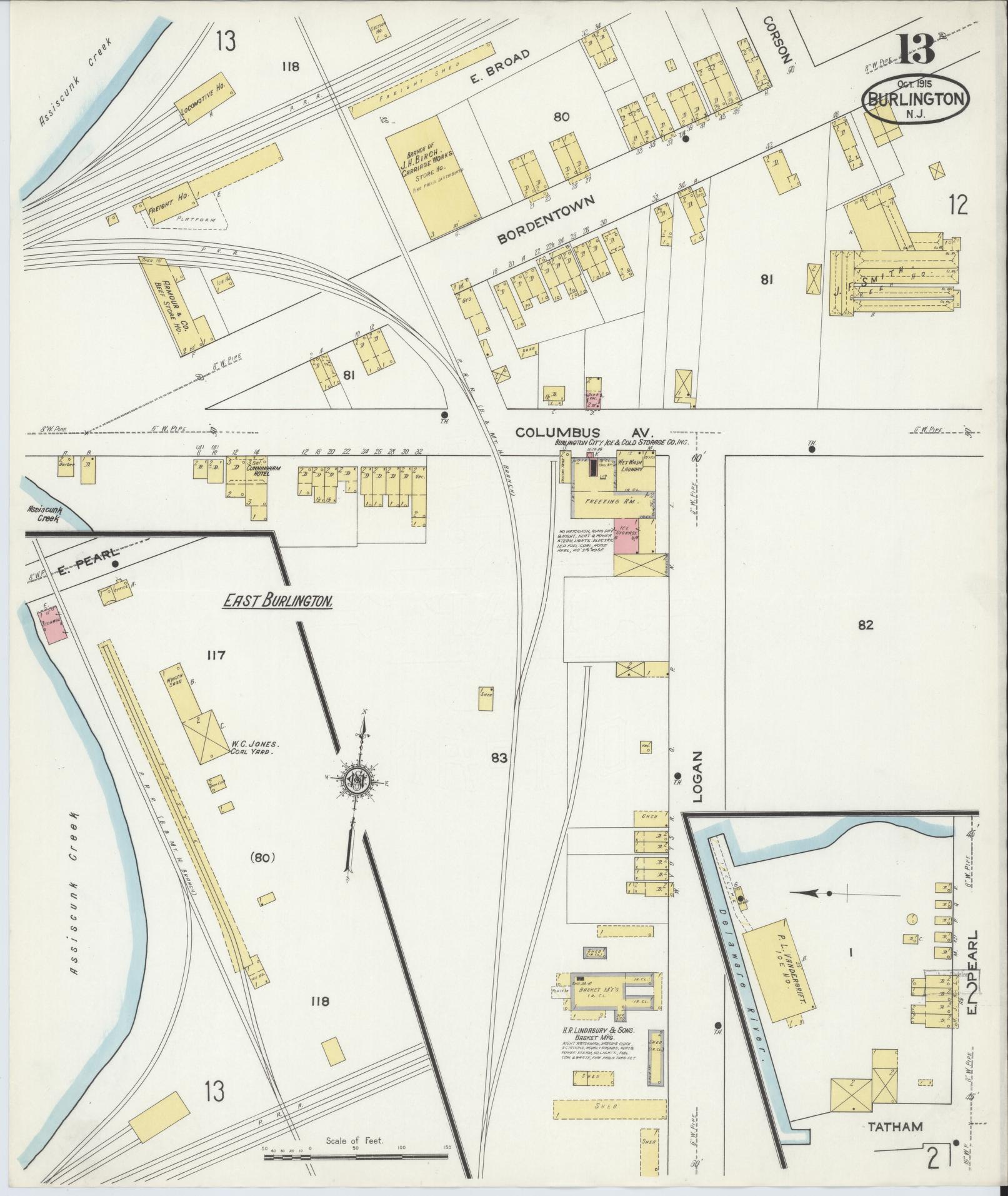 Sanborn Fire Insurance Map from Burlington, Burlington County, New Jersey (1915), Sheet #0013 - Historic Sanborn Fire Insurance Map Print, vintage old map wall art, antique decor, genealogy gift, New Jersey New Jersey map