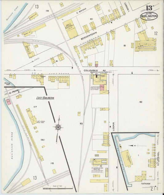 Sanborn Fire Insurance Map from Burlington, Burlington County, New Jersey (1915), Sheet #0013 - Historic Sanborn Fire Insurance Map Print, vintage old map wall art, antique decor, genealogy gift, New Jersey New Jersey map