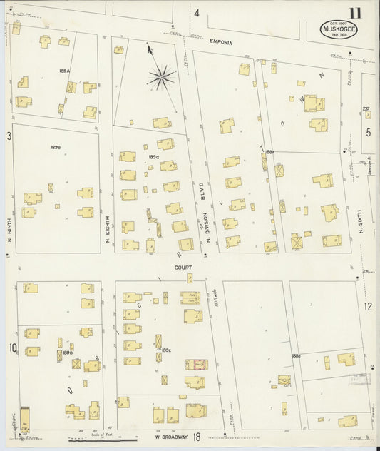 Sanborn Fire Insurance Map from Muskogee, Muskogee County, Oklahoma (1907), Sheet #0011 - Historic Sanborn Fire Insurance Map Print, vintage old map wall art, antique decor, genealogy gift, Oklahoma Oklahoma map