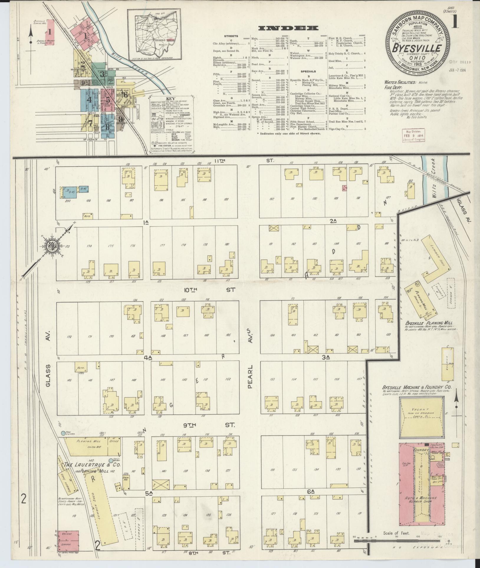 Sanborn Fire Insurance Map from Byesville, Guernsey County, Ohio (1913), Sheet #0001 - Complete Map Set gallery image, historic Sanborn map, vintage wall art, Ohio Ohio