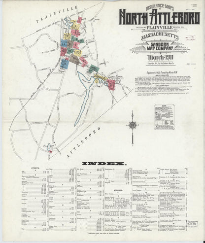 Sanborn Fire Insurance Map from North Attleborough, Bristol County, Massachusetts (1911), Sheet #0001 - Historic Sanborn Fire Insurance Map Print, vintage old map wall art, antique decor, genealogy gift, Massachusetts Massachusetts map