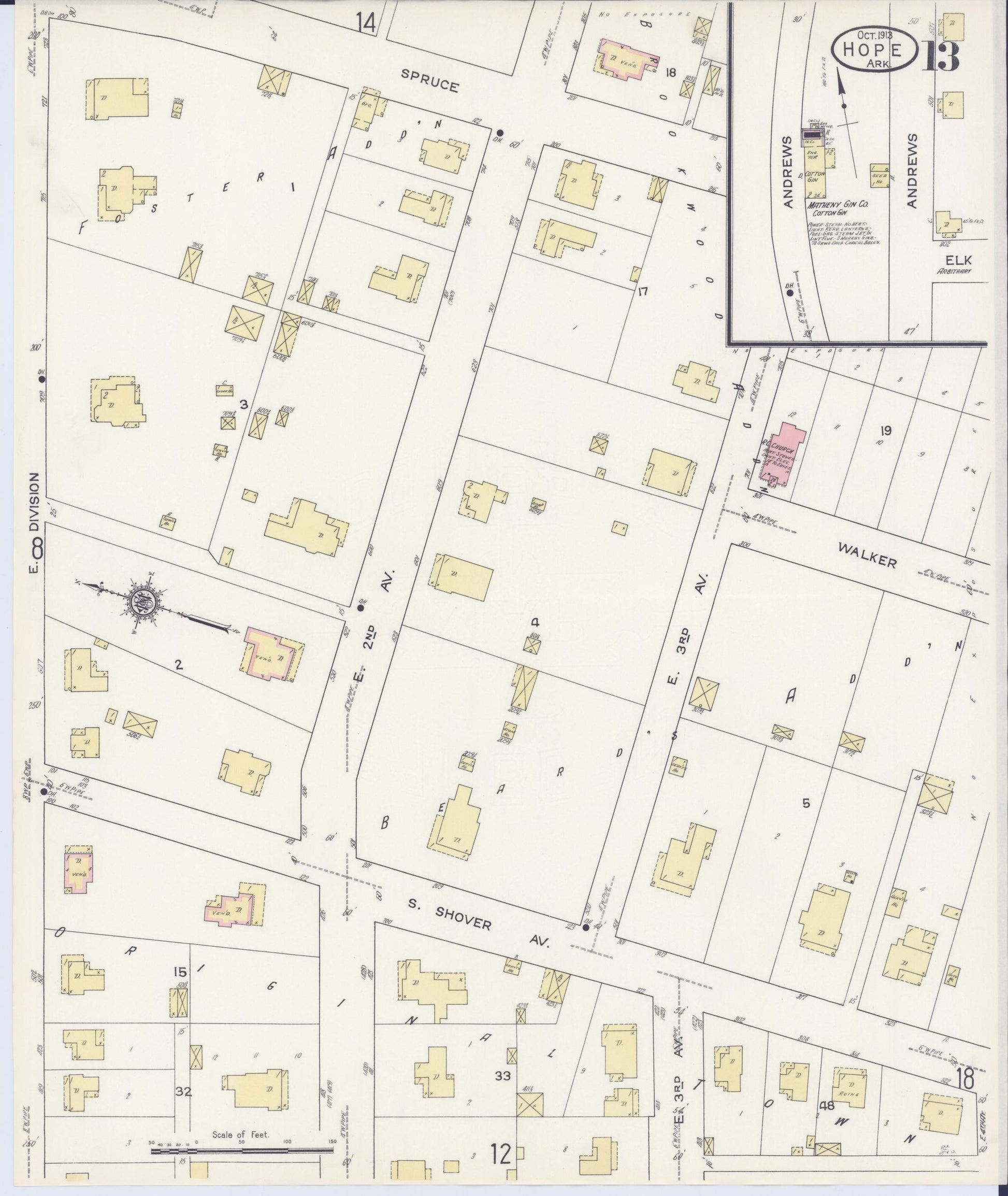 Sanborn Fire Insurance Map from Hope, Hempstead County, Arkansas (1913), Sheet #0013 - Historic Sanborn Fire Insurance Map Print, vintage old map wall art, antique decor, genealogy gift, Arkansas Arkansas map