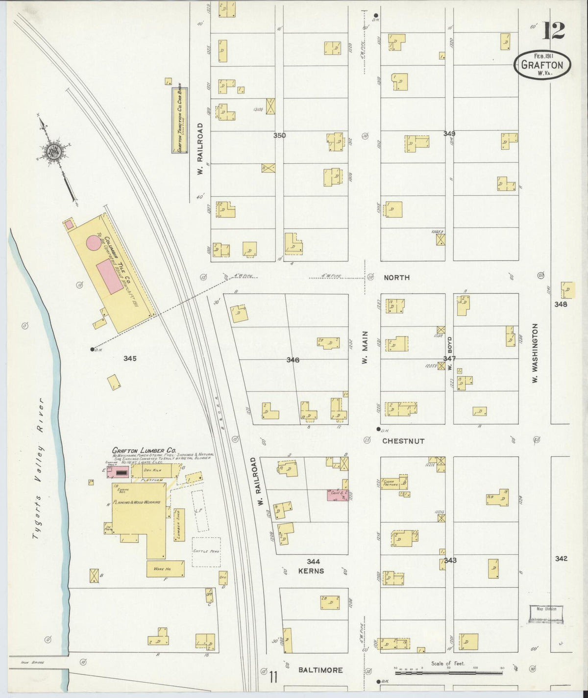 Sanborn Fire Insurance Map from Grafton, Taylor County, West Virginia (1911), Sheet #0012 - Complete Map Set gallery image, historic Sanborn map, vintage wall art, West Virginia West Virginia