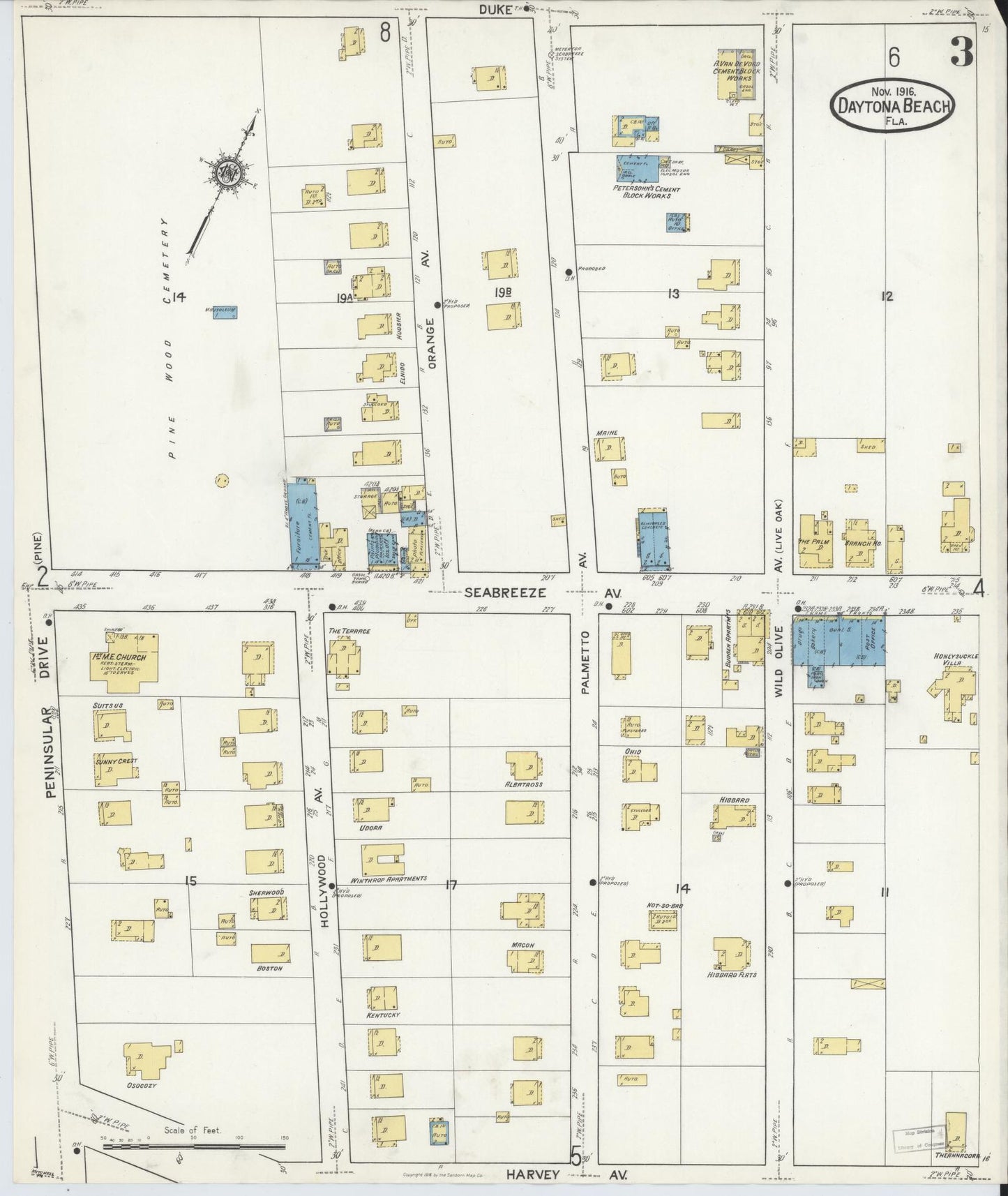 Sanborn Fire Insurance Map from Daytona Beach, Volusia County, Florida (1916), Sheet #0003 - Complete Map Set gallery image, historic Sanborn map, vintage wall art, Florida Florida
