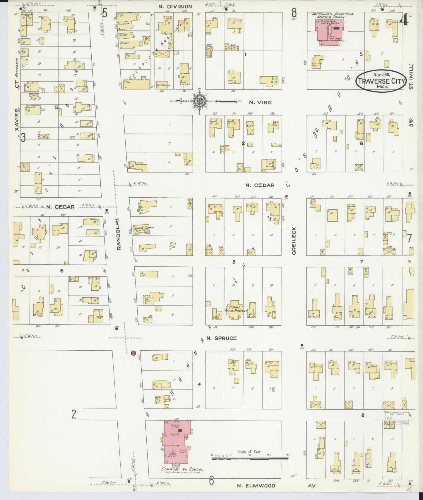 Sanborn Fire Insurance Map from Traverse City, Grand Traverse County, Michigan (1910), Sheet #0004 - Historic Sanborn Fire Insurance Map Print, vintage old map wall art, antique decor, genealogy gift, Michigan Michigan map
