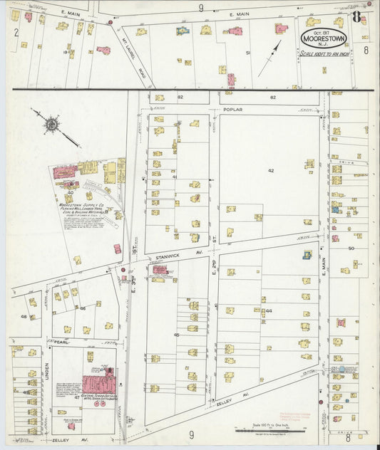 Sanborn Fire Insurance Map from Moorestown, Burlington County, New Jersey (1917), Sheet #0008 - Historic Sanborn Fire Insurance Map Print, vintage old map wall art, antique decor, genealogy gift, New Jersey New Jersey map