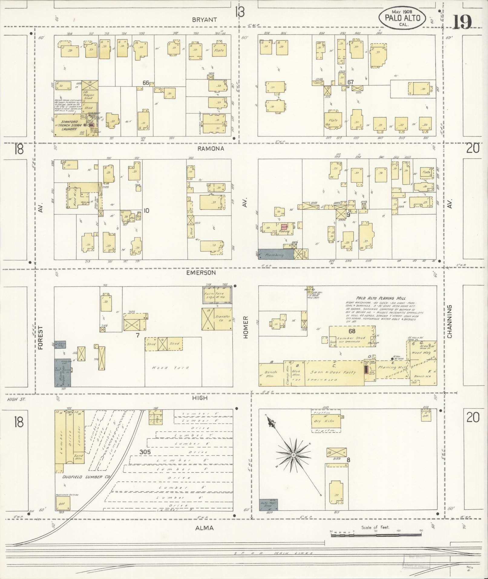 Sanborn Fire Insurance Map from Palo Alto, Santa Clara County, California (1908), Sheet #0019 - Complete Map Set gallery image, historic Sanborn map, vintage wall art, California California