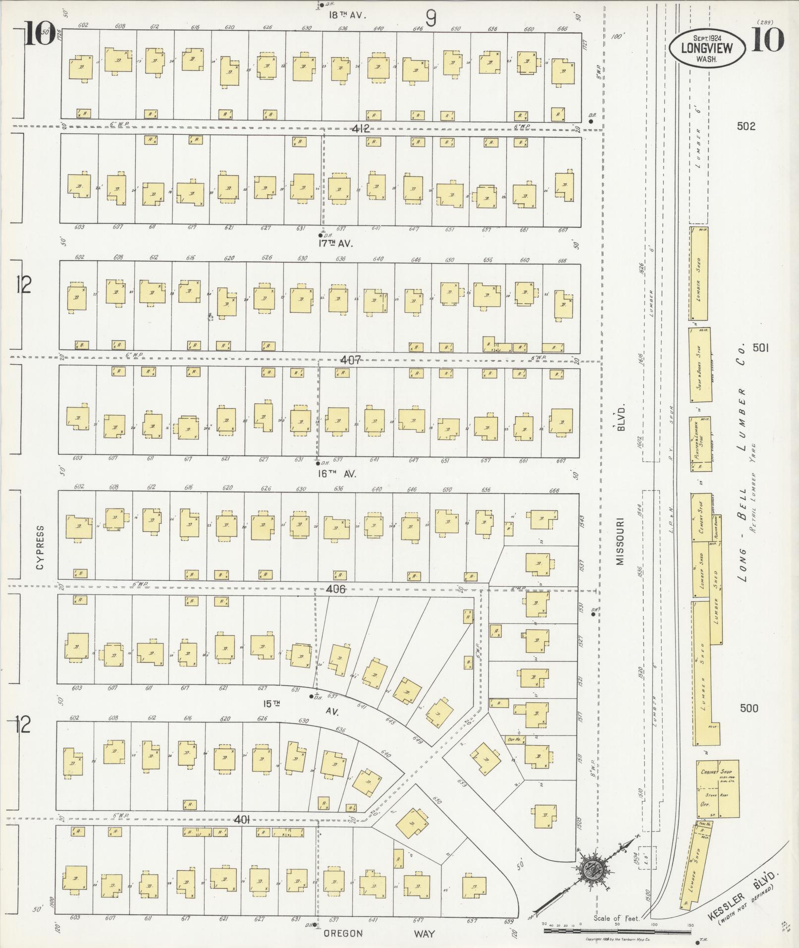 Sanborn Fire Insurance Map from Longview, Cowlitz County, Washington (1924), Sheet #0010 - Complete Map Set gallery image, historic Sanborn map, vintage wall art, Washington Washington