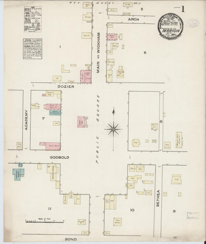 Sanborn Fire Insurance Map from Marion, Marion County, South Carolina (1884), Sheet #0001 - Complete Map Set gallery image, historic Sanborn map, vintage wall art, South Carolina South Carolina