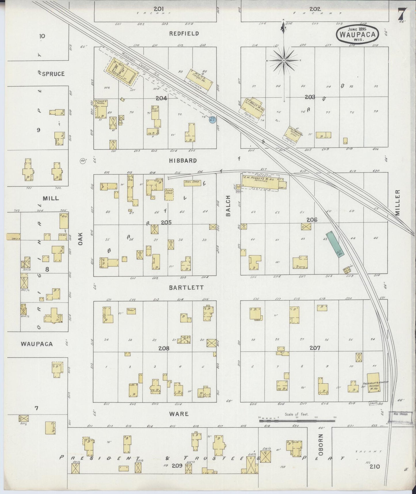 Sanborn Fire Insurance Map from Waupaca, Waupaca County, Wisconsin (1895), Sheet #0007 - Complete Map Set gallery image, historic Sanborn map, vintage wall art, Wisconsin Wisconsin