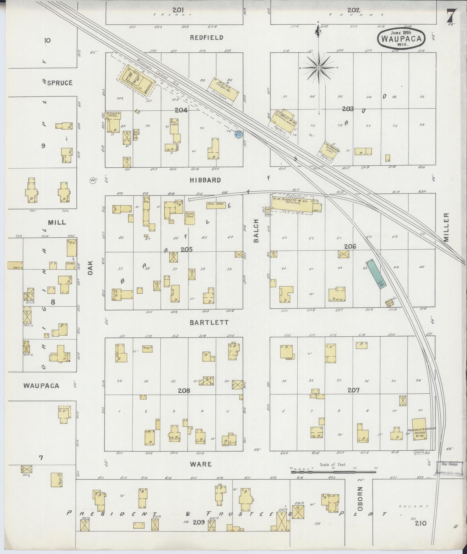 Sanborn Fire Insurance Map from Waupaca, Waupaca County, Wisconsin (1895), Sheet #0007 - Complete Map Set gallery image, historic Sanborn map, vintage wall art, Wisconsin Wisconsin