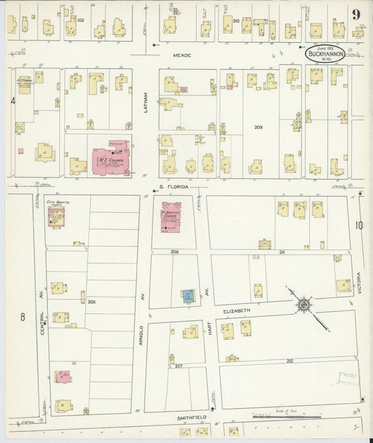 Sanborn Fire Insurance Map from Buckhannon, Upshur County, West Virginia (1913), Sheet #0009 - Historic Sanborn Fire Insurance Map Print, vintage old map wall art, antique decor, genealogy gift, West Virginia West Virginia map