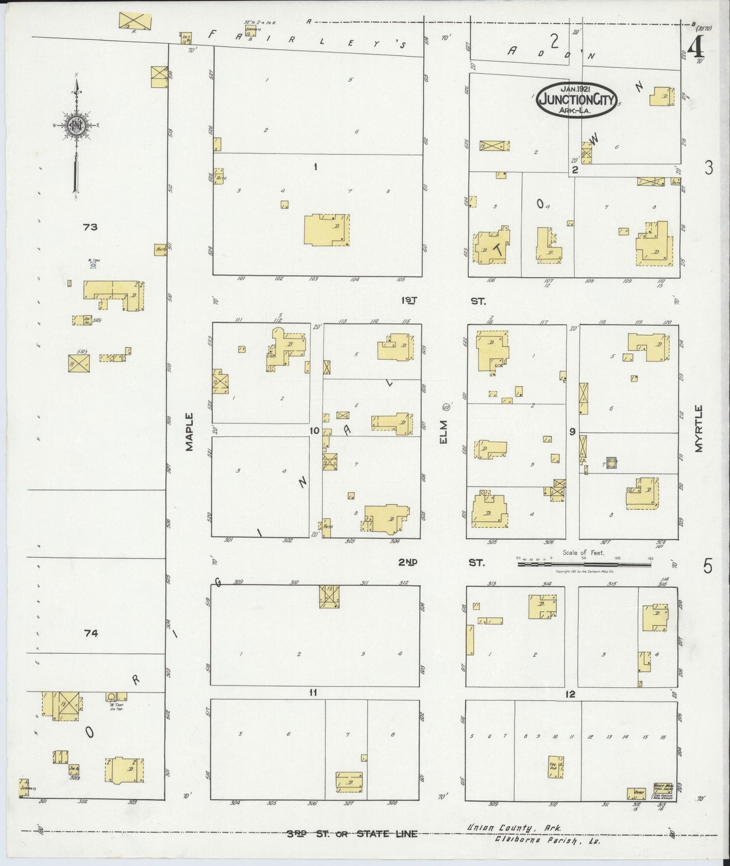 Sanborn Fire Insurance Map from Junction City, Union County, Arkansas (1921), Sheet #0004 - Historic Sanborn Fire Insurance Map Print, vintage old map wall art, antique decor, genealogy gift, Arkansas Arkansas map