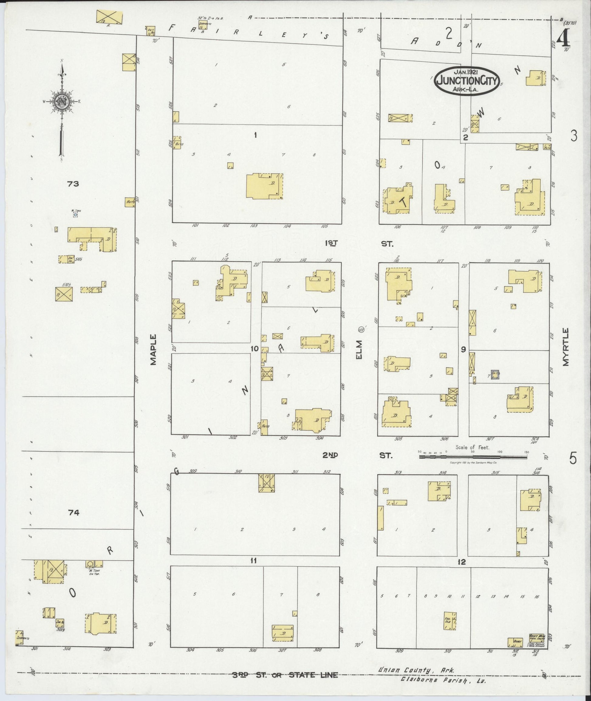 Sanborn Fire Insurance Map from Junction City, Union County, Arkansas (1921), Sheet #0004 - Historic Sanborn Fire Insurance Map Print, vintage old map wall art, antique decor, genealogy gift, Arkansas Arkansas map