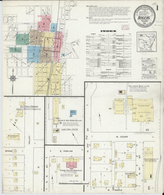 Sanborn Fire Insurance Map from Rogers, Benton County, Arkansas (1914), Sheet #0001 - Historic Sanborn Fire Insurance Map Print, vintage old map wall art, antique decor, genealogy gift, Arkansas Arkansas map