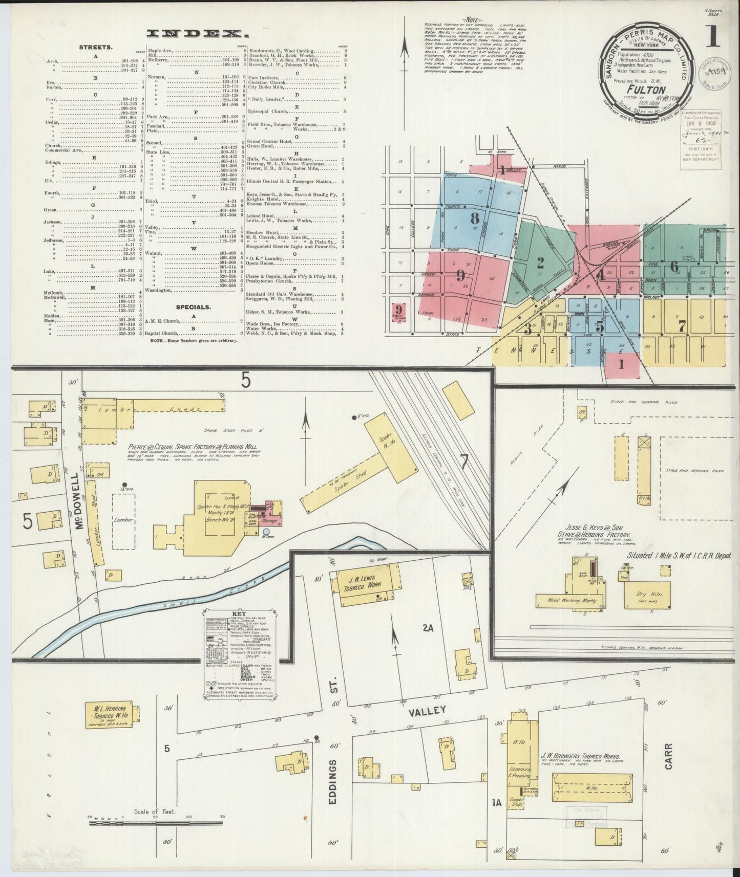 Sanborn Fire Insurance Map from Fulton, Fulton County, Kentucky (1899), Sheet #0001 - Complete Map Set gallery image, historic Sanborn map, vintage wall art, Tennessee Tennessee