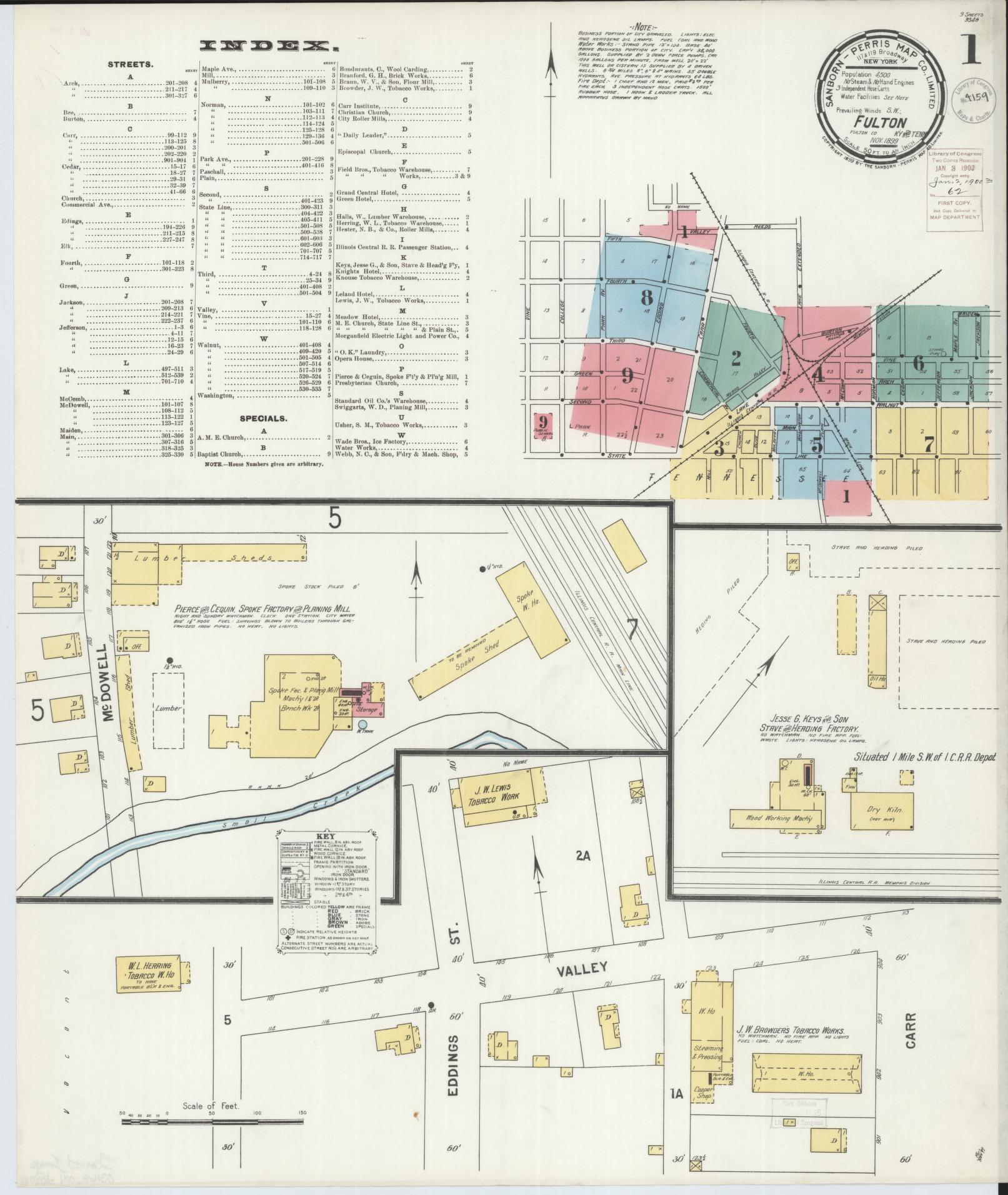 Sanborn Fire Insurance Map from Fulton, Fulton County, Kentucky (1899), Sheet #0001 - Complete Map Set gallery image, historic Sanborn map, vintage wall art, Tennessee Tennessee