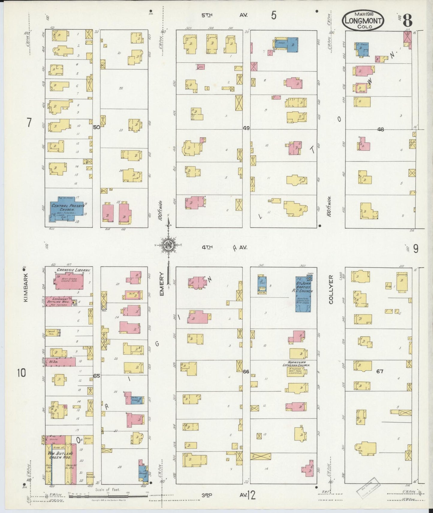Sanborn Fire Insurance Map from Longmont, Boulder County, Colorado (1918), Sheet #0008 - Complete Map Set gallery image, historic Sanborn map, vintage wall art, Colorado Colorado