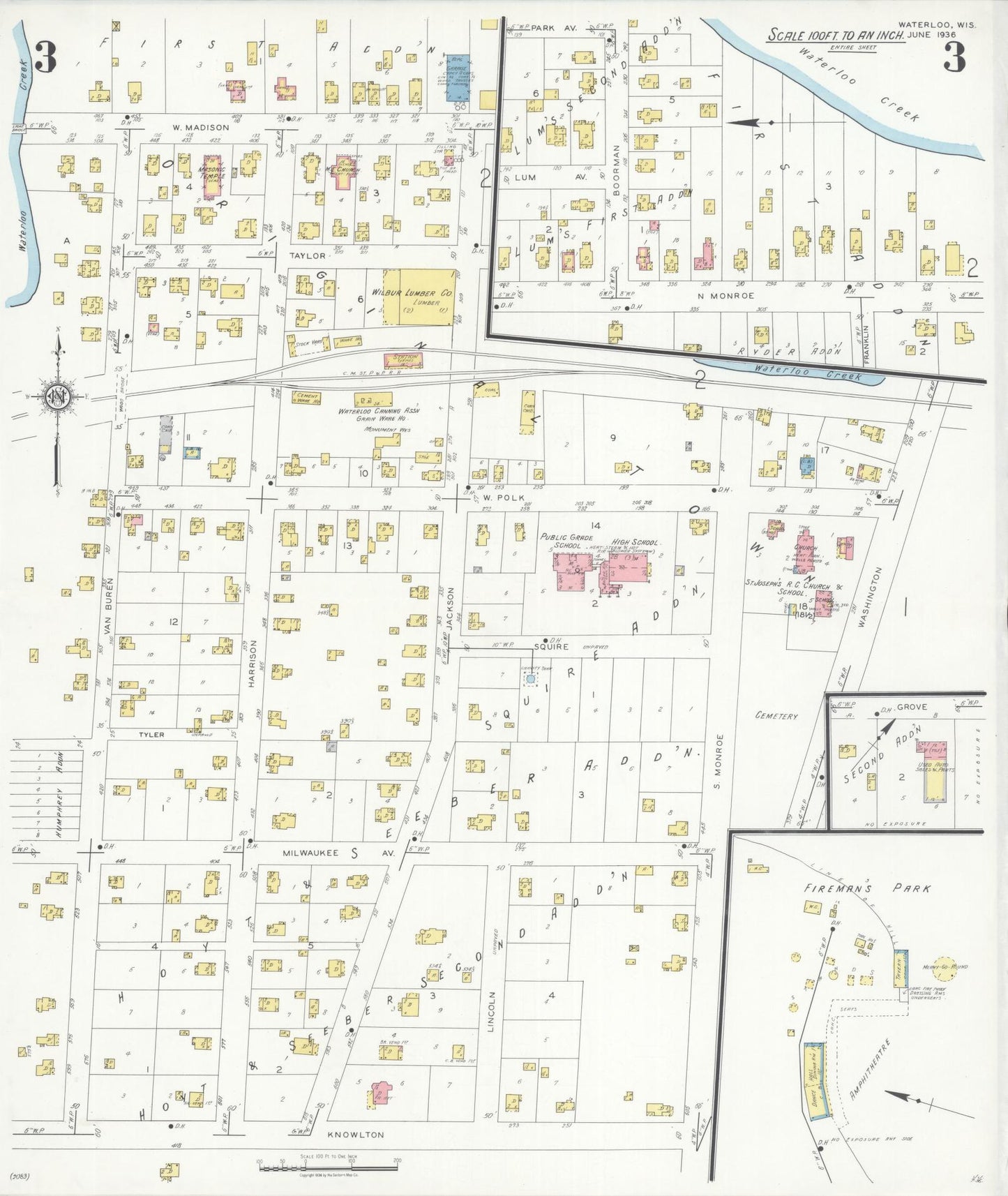 Sanborn Fire Insurance Map from Waterloo, Jefferson County, Wisconsin (1936), Sheet #0003 - Historic Sanborn Fire Insurance Map Print, vintage old map wall art, antique decor, genealogy gift, Wisconsin Wisconsin map