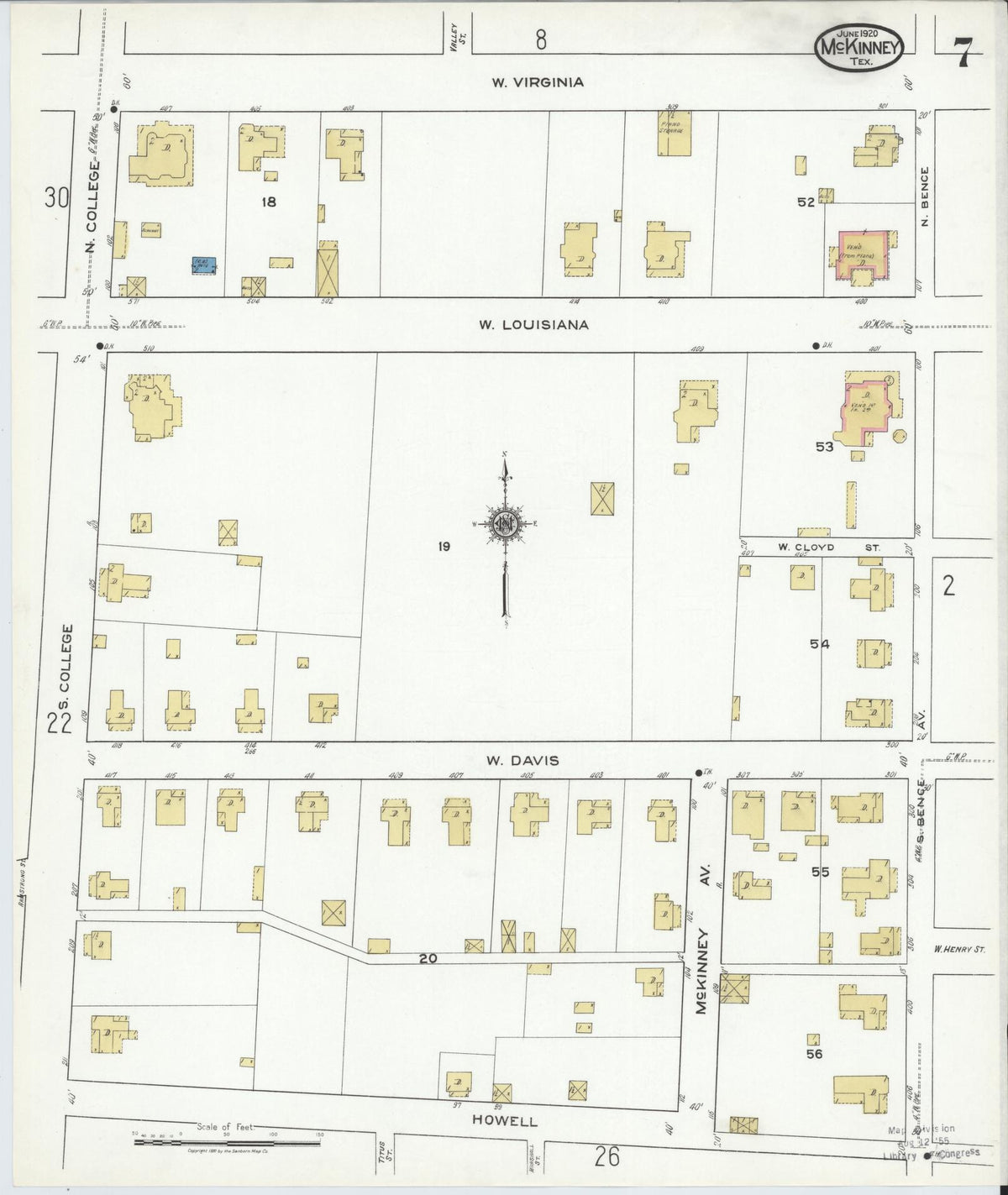 Sanborn Fire Insurance Map from McKinney, Collin County, Texas (1920), Sheet #0007 - Historic Sanborn Fire Insurance Map Print, vintage old map wall art, antique decor, genealogy gift, Texas Texas map