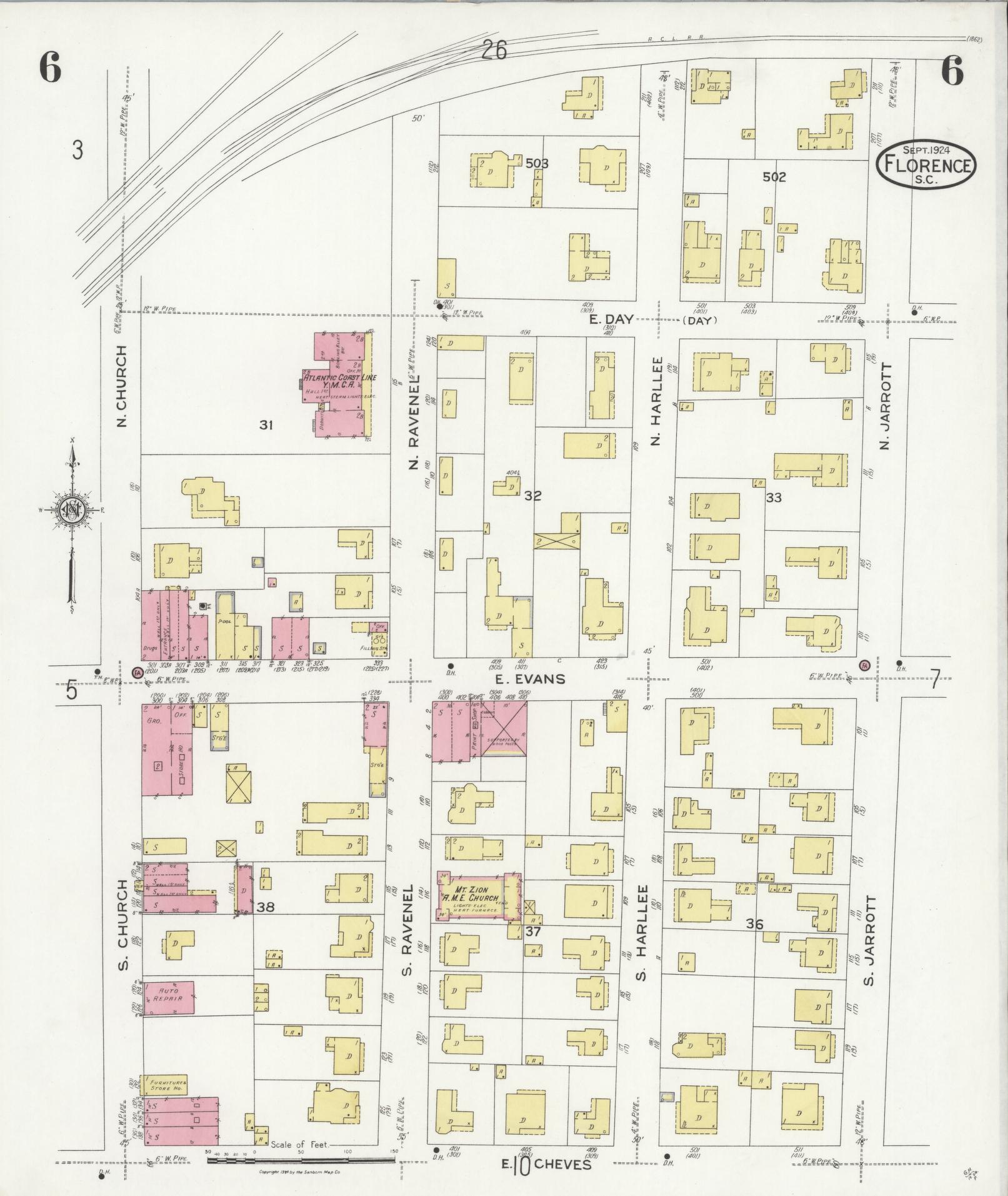 Sanborn Fire Insurance Map from Florence, Florence County, South Carolina (1924), Sheet #0006 - Complete Map Set gallery image, historic Sanborn map, vintage wall art, South Carolina South Carolina